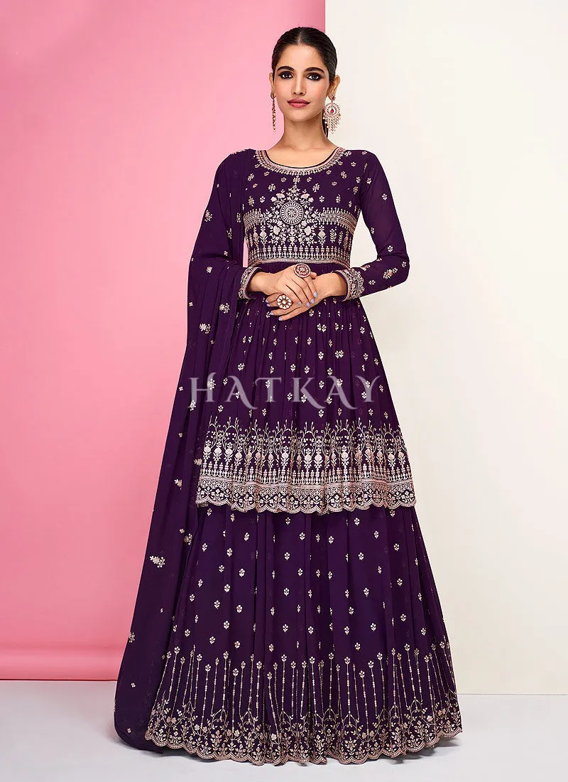 Deep Purple Embroidered Peplum Style Georgette Anarkali Lehenga