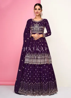 Deep Purple Embroidered Peplum Style Georgette Anarkali Lehenga