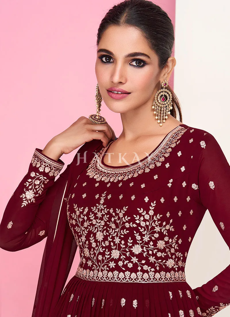 Deep Red Embroidered Peplum Style Georgette Anarkali Lehenga