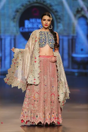 Designer embroidered lehnga dress in blue, gold and red color # B3354