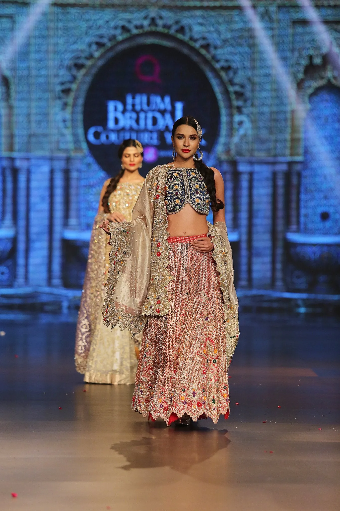 Designer embroidered lehnga dress in blue, gold and red color # B3354
