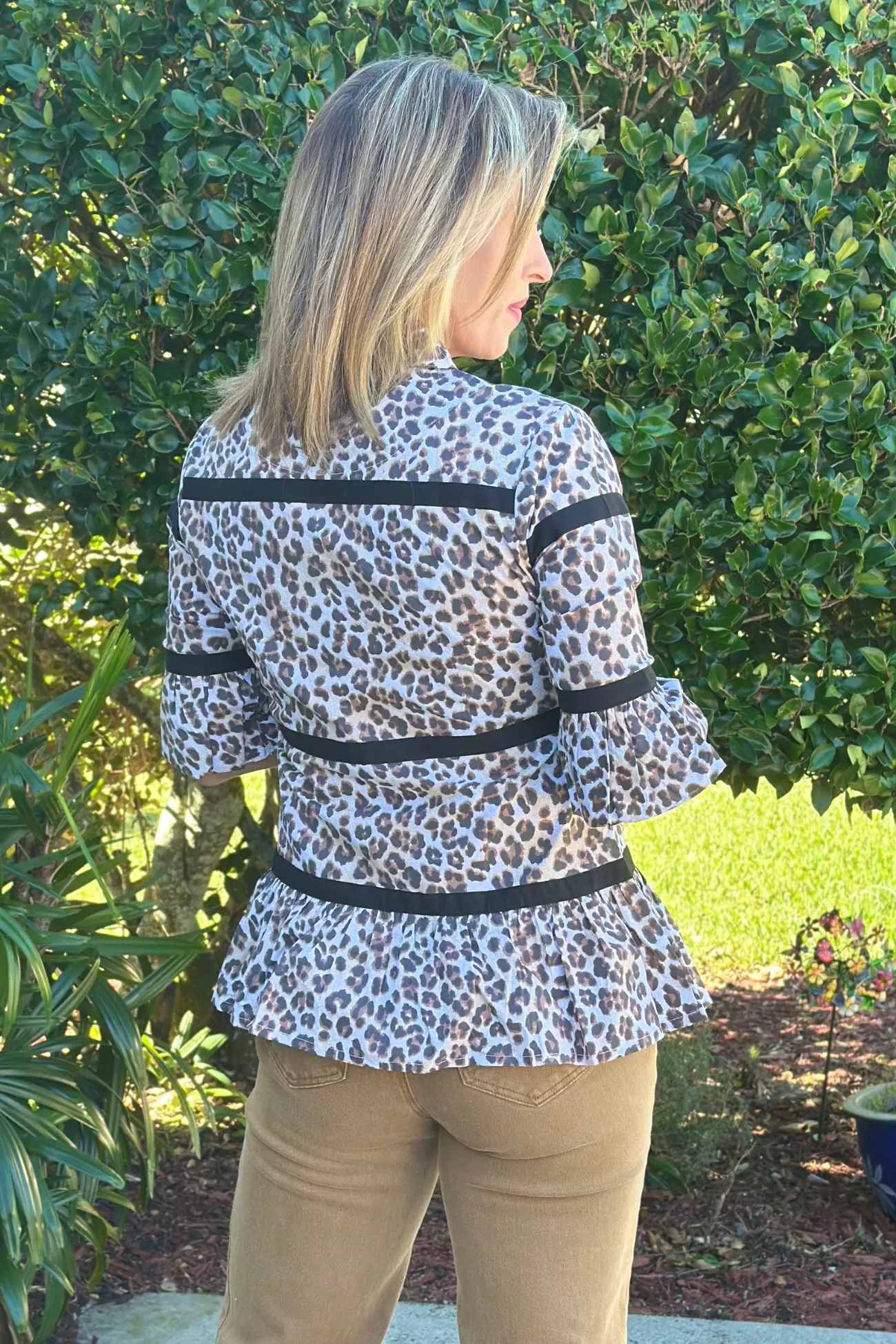 Dizzy Lizzie Cheetah Lexington Peplum Ribbon Trim Top