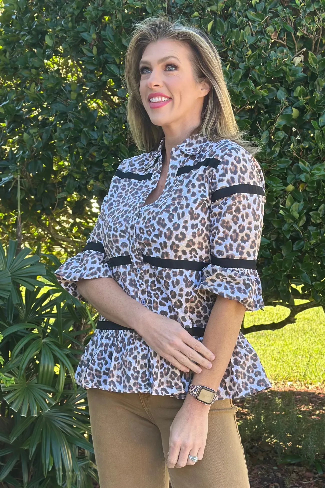 Dizzy Lizzie Cheetah Lexington Peplum Ribbon Trim Top