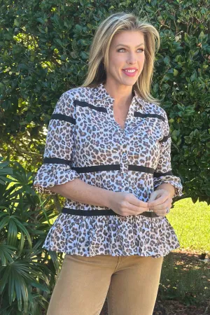 Dizzy Lizzie Cheetah Lexington Peplum Ribbon Trim Top