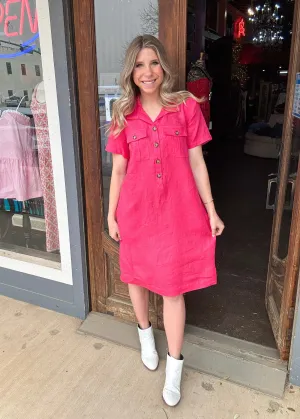 Dresses | John Mark Midi Button Up Magenta Short Sleeve
