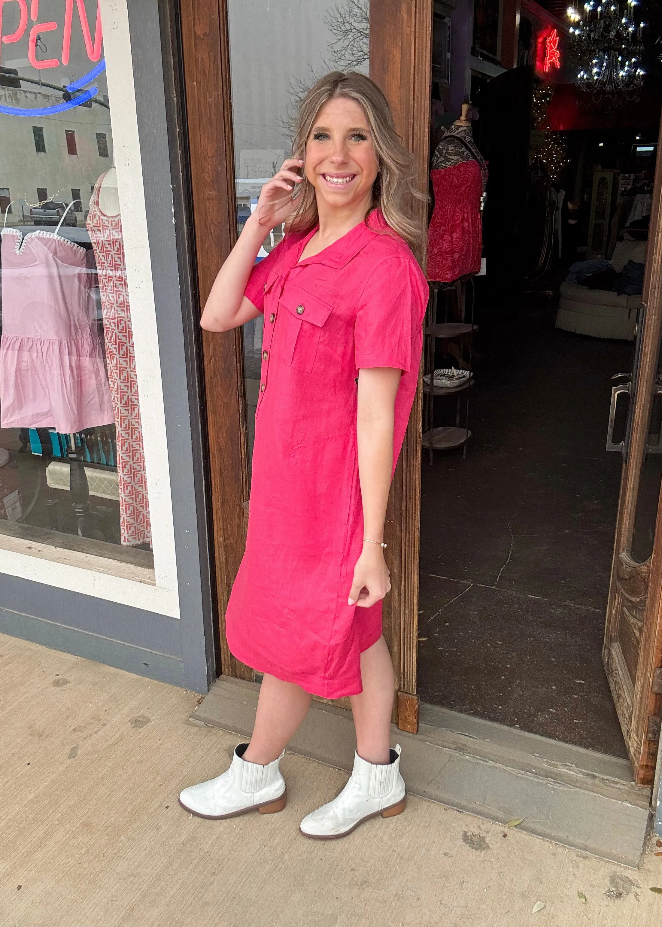 Dresses | John Mark Midi Button Up Magenta Short Sleeve