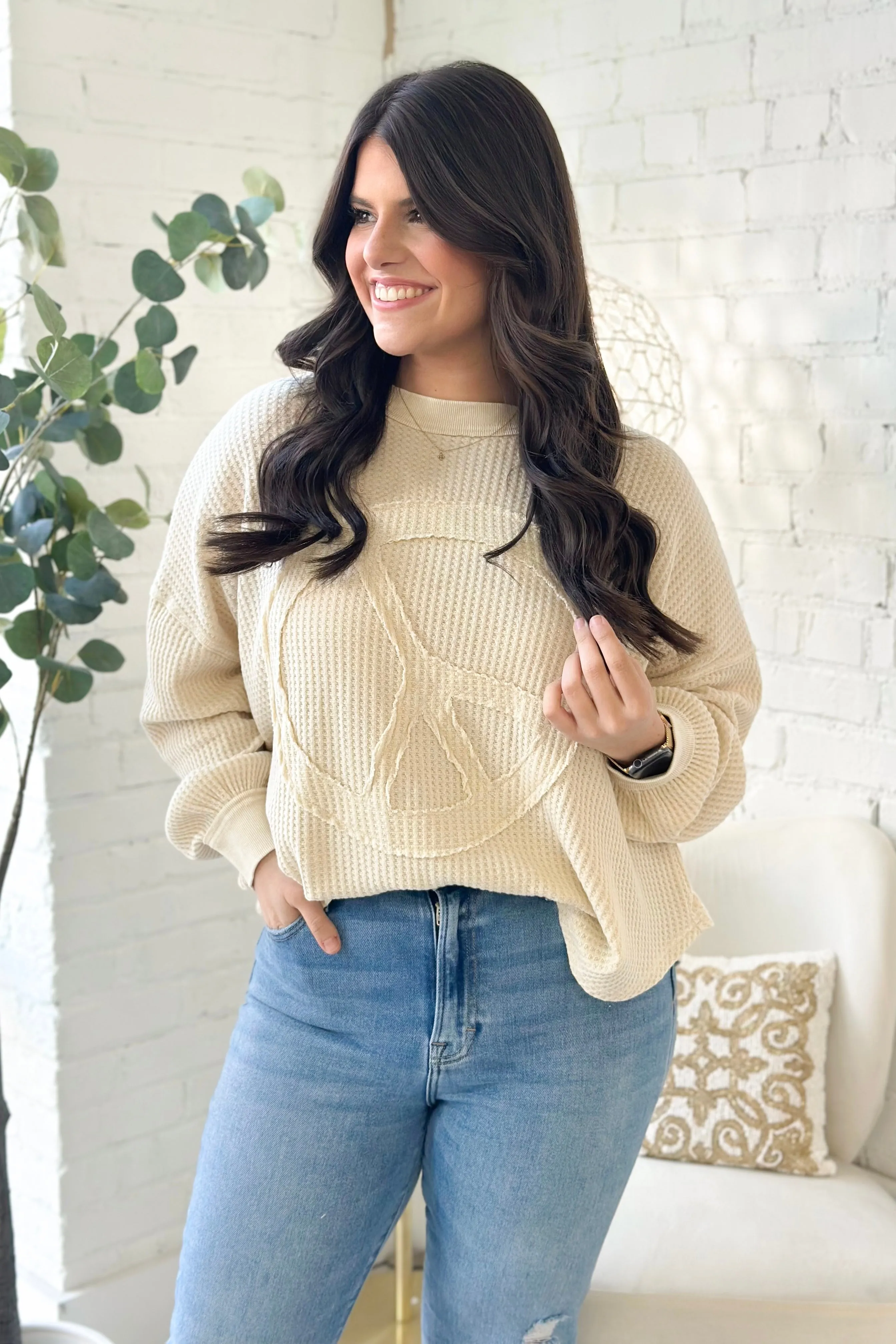 Ecru Long Sleeve Peace Patchwork Top