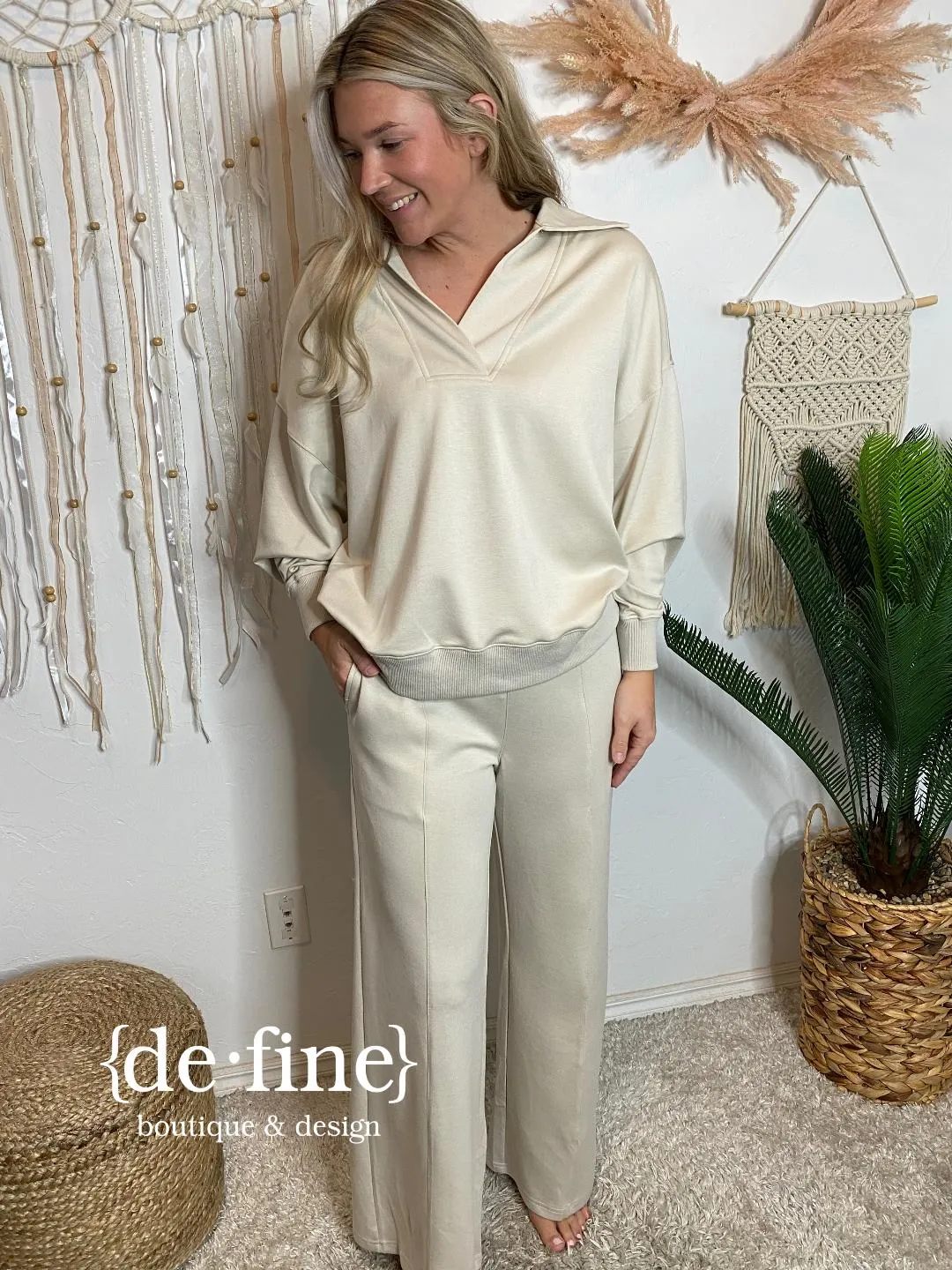 Ecru Scuba V-Neck Pullover