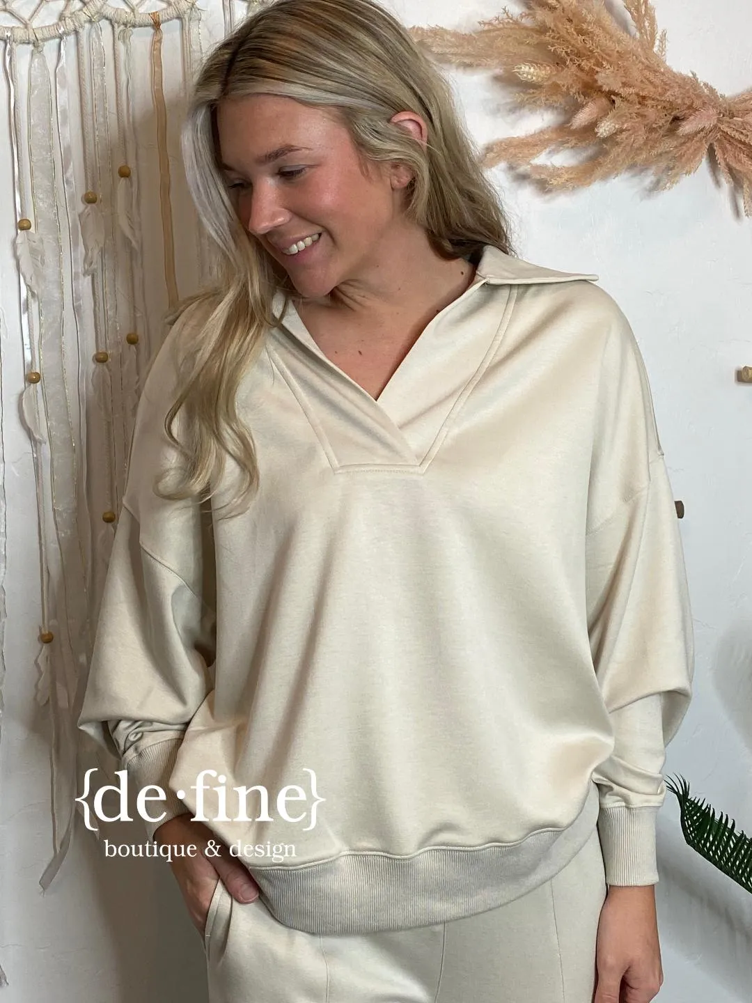 Ecru Scuba V-Neck Pullover