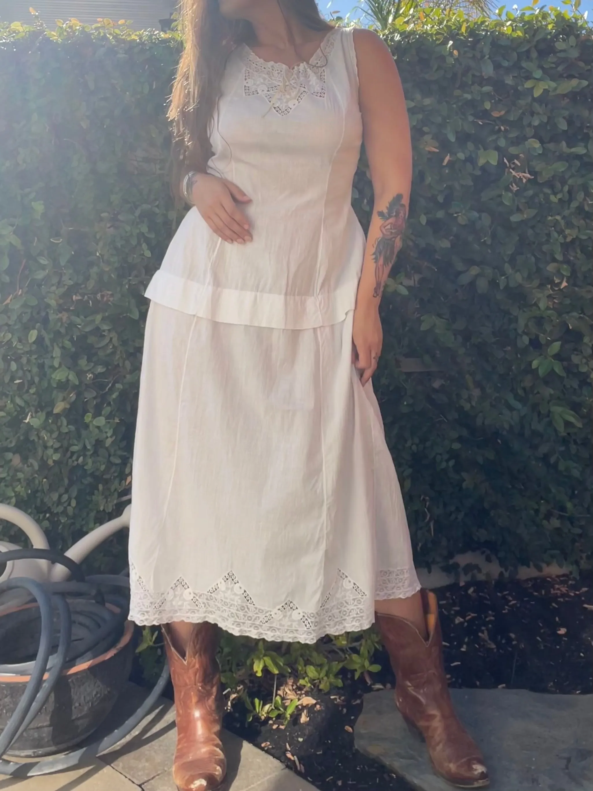 Edwardian Cotton & Silk Tie Lace Yoke Midi Length Dress