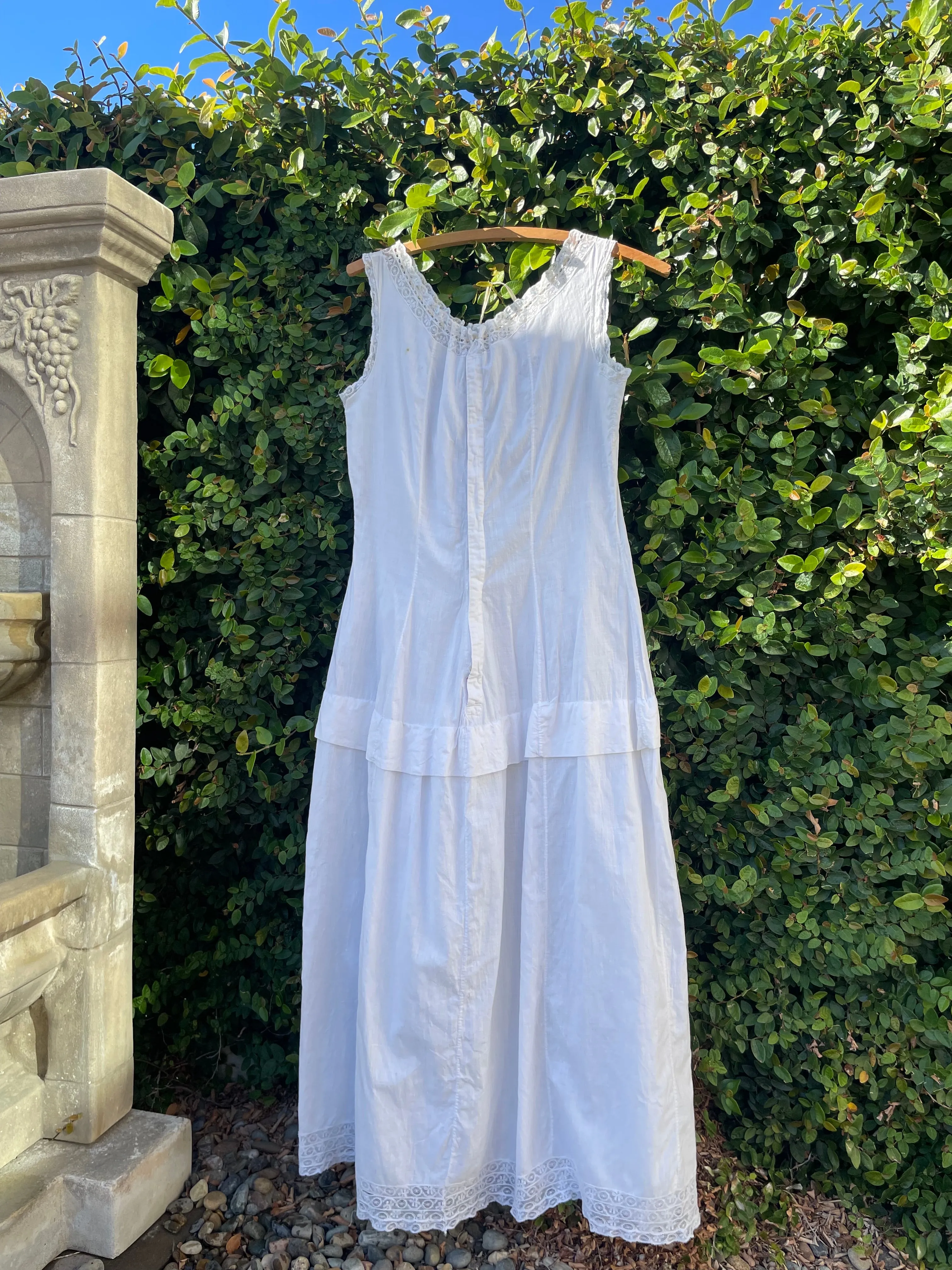 Edwardian Cotton & Silk Tie Lace Yoke Midi Length Dress