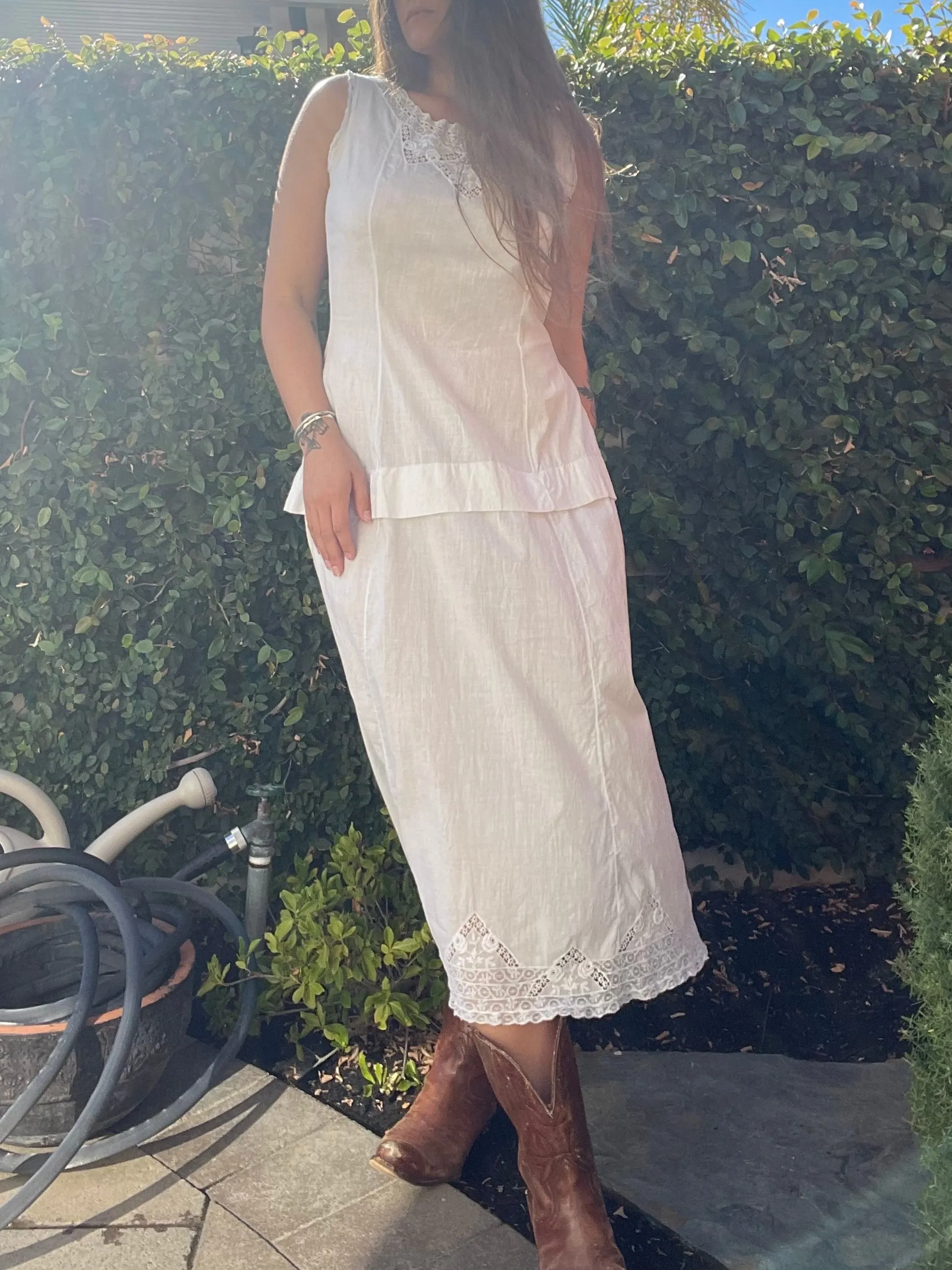 Edwardian Cotton & Silk Tie Lace Yoke Midi Length Dress