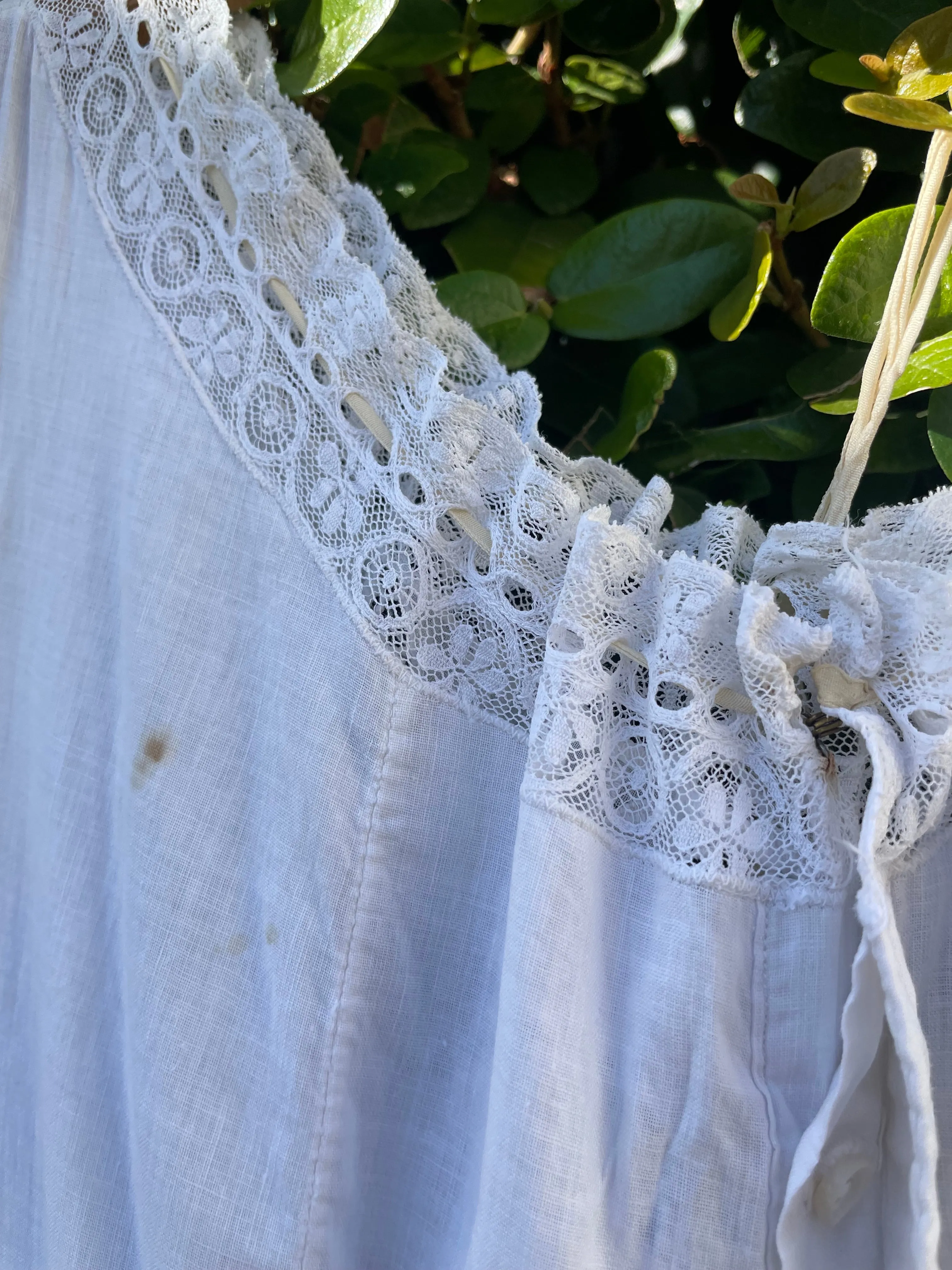 Edwardian Cotton & Silk Tie Lace Yoke Midi Length Dress