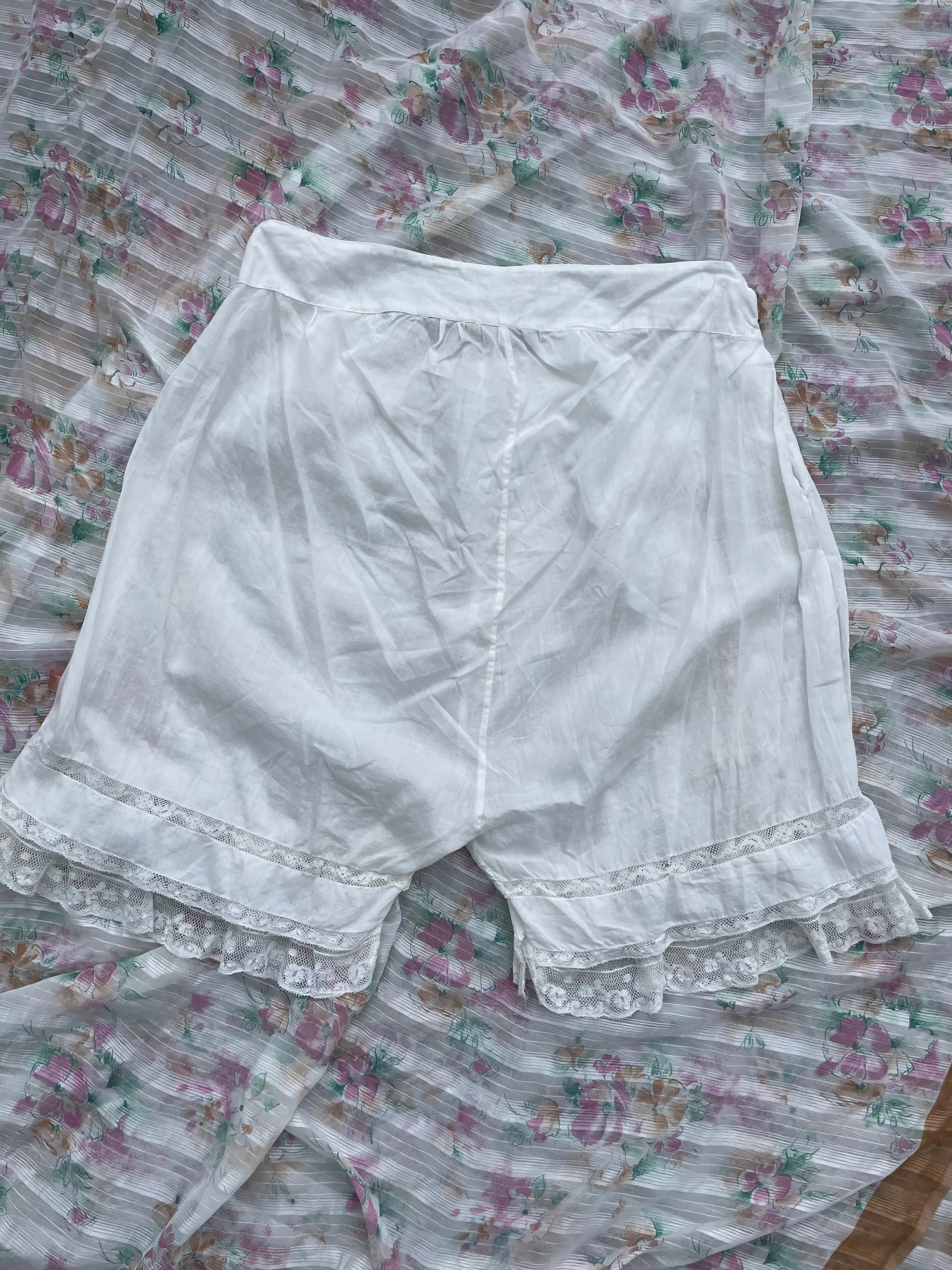 Edwardian Embroidered Cotton Insertion Lace Ruffle Hem Bloomers