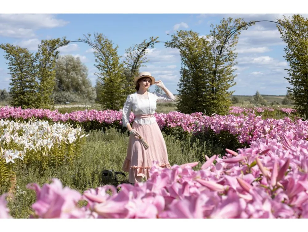 Edwardian style costume with pink skirt