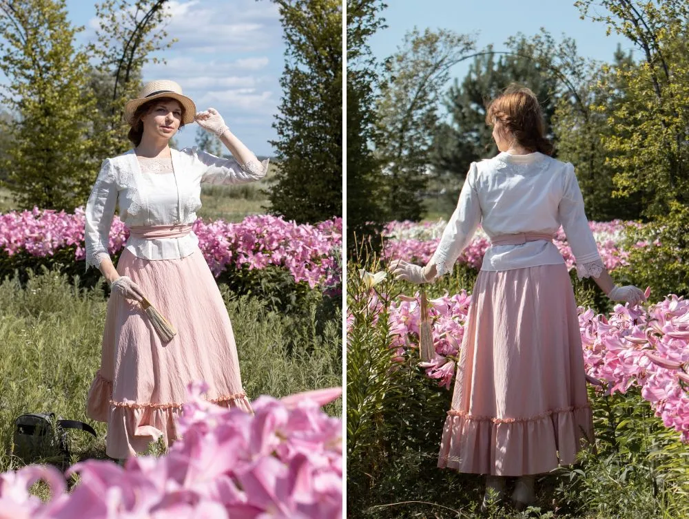Edwardian style costume with pink skirt