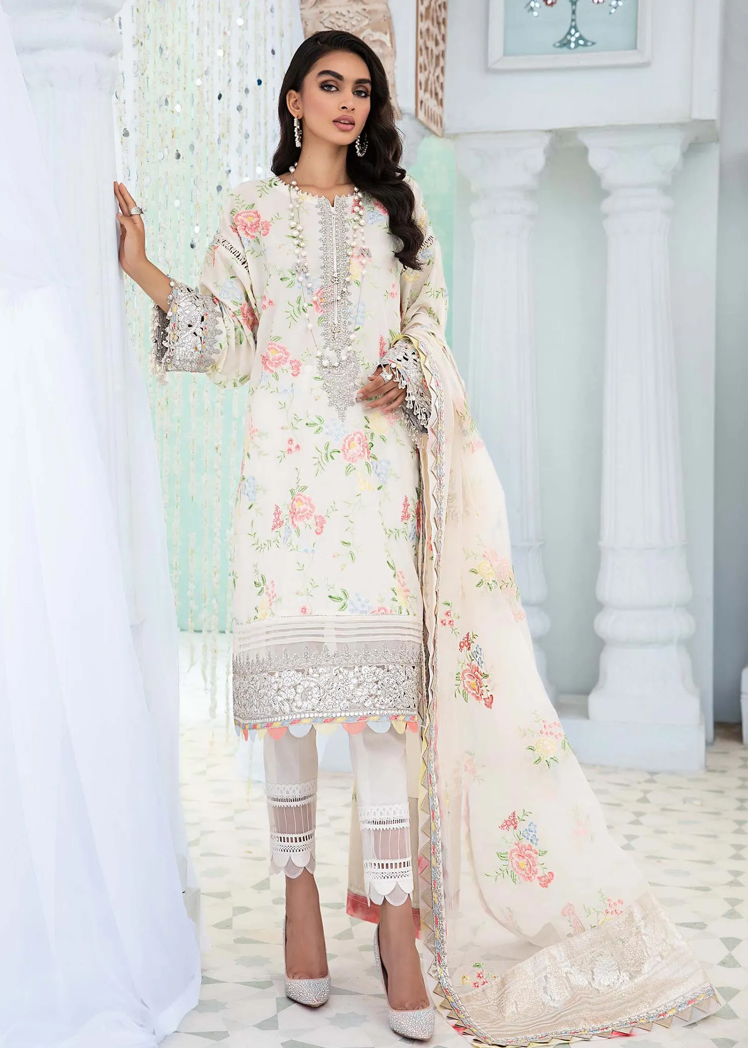 EL-22-02-White | Maria.B. Lawn Eid Collection 2022 | Unstitched Embroidered Lawn Suit