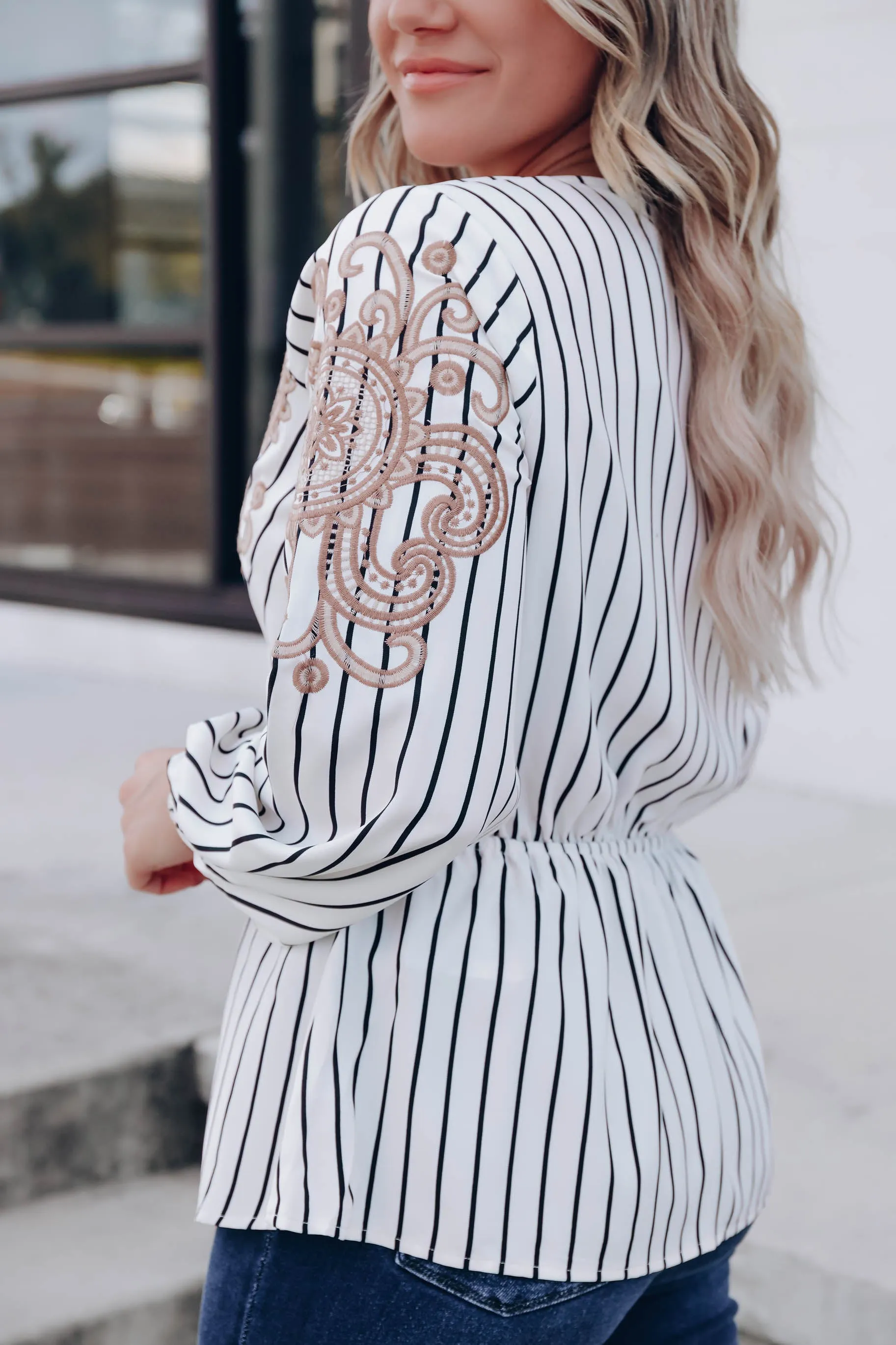 Elaine Embroidered Striped Blouse- Ivory