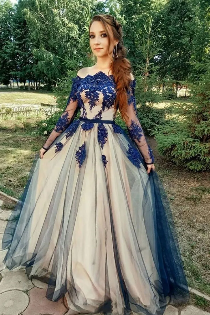 Elegant A Line Round Neck Floor Length Lace Tulle Long Sleeve Formal Prom Dress OHC364