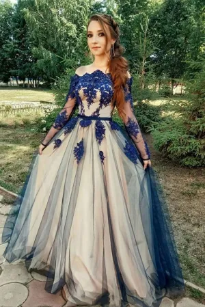 Elegant A Line Round Neck Floor Length Lace Tulle Long Sleeve Formal Prom Dress OHC364