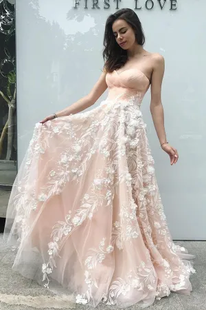 Elegant A Line Sweetheart Blush Pink Tulle Long Lace Appliques Evening Dress Prom Dress OHC472