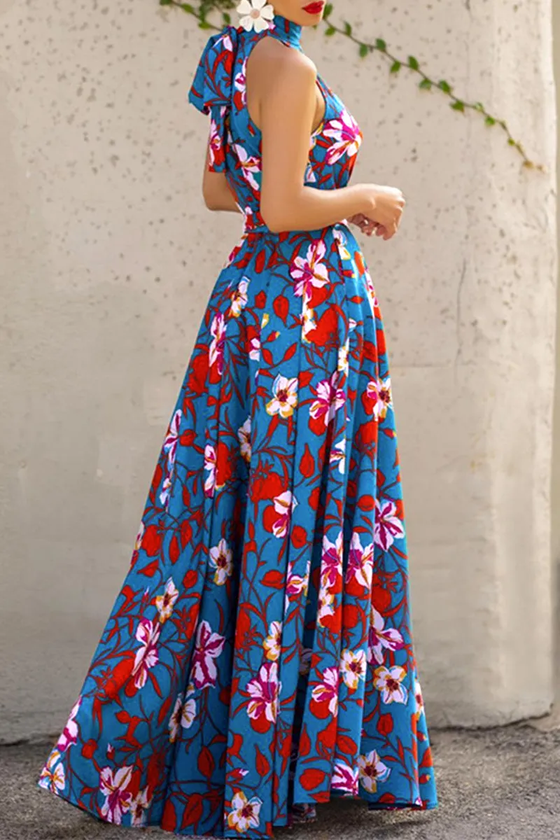Elegant Floral Frenulum Halter Printed Dresses