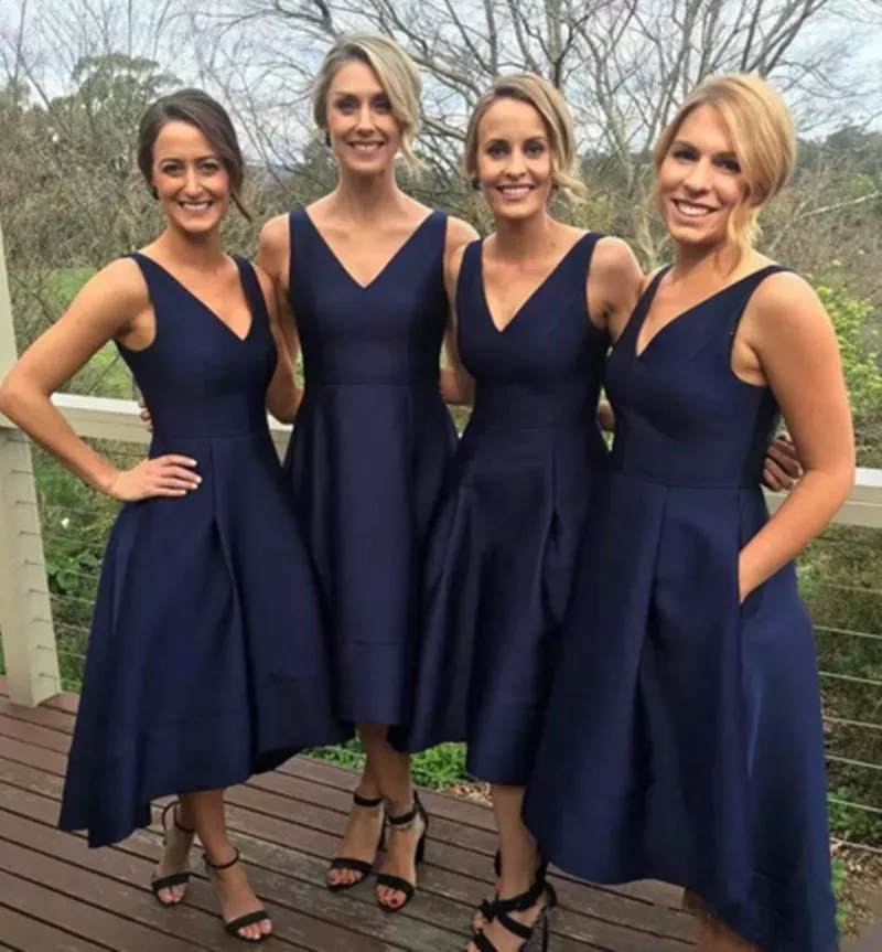 Elegant Navy Blue Satin Bridesmaid Dresses V-Neckline Hi-Lo Wedding Guest Party Gowns