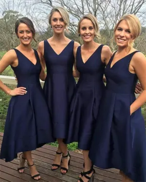Elegant Navy Blue Satin Bridesmaid Dresses V-Neckline Hi-Lo Wedding Guest Party Gowns
