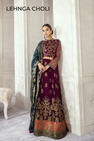 Embroidered Chiffon Lehnga Choli in Purple and Sea Green Color #M0001
