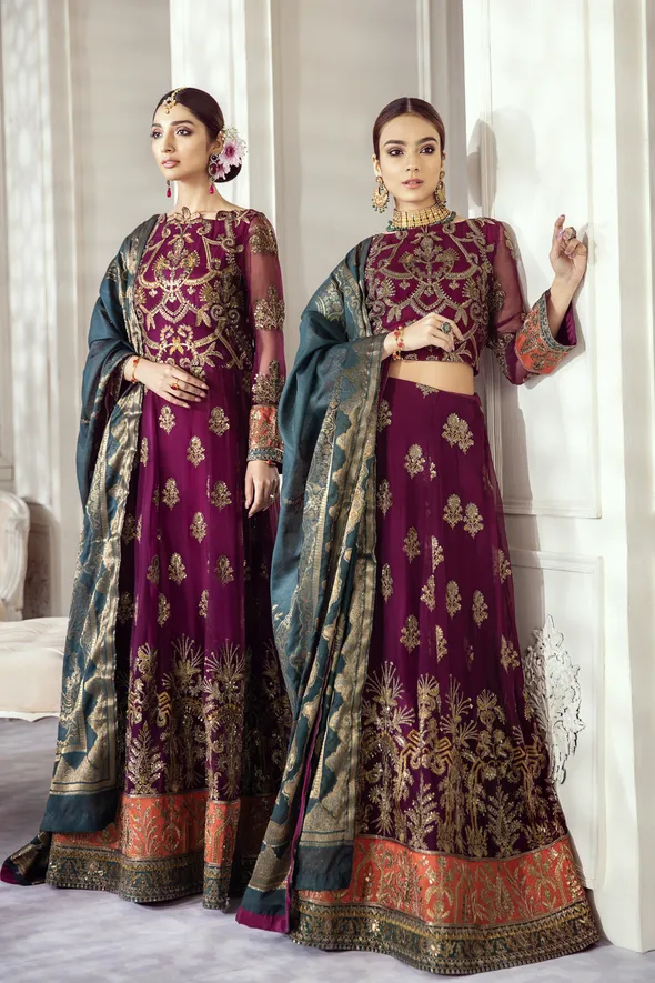 Embroidered Chiffon Lehnga Choli in Purple and Sea Green Color #M0001