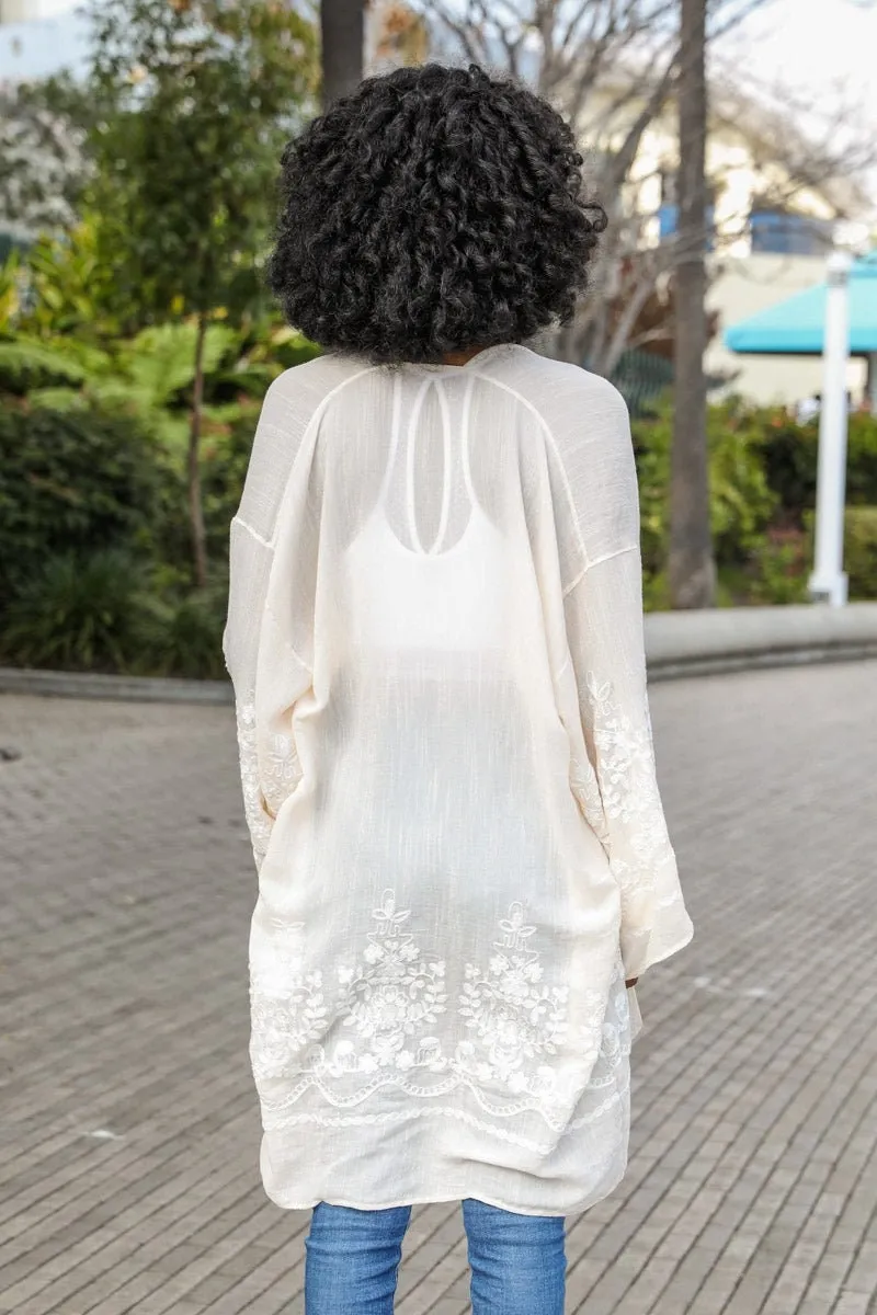Embroidered Floral Kimono Cardigan