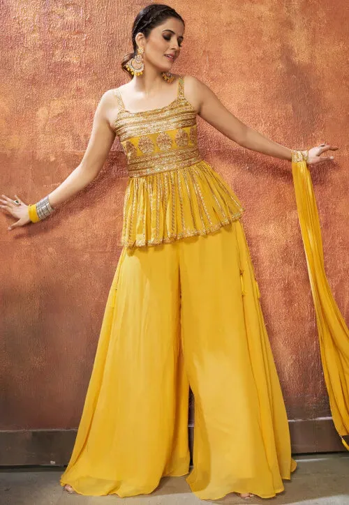 Embroidered Georgette Peplum Style Pakistani Suit in Mustard