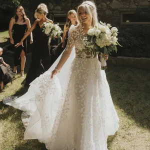 Embroidered Leaf Lace Exquisite Pricess Wedding Dress Long Sleeves Plus Size Customized Illsion Mesh Bridal Gowns With Bras
