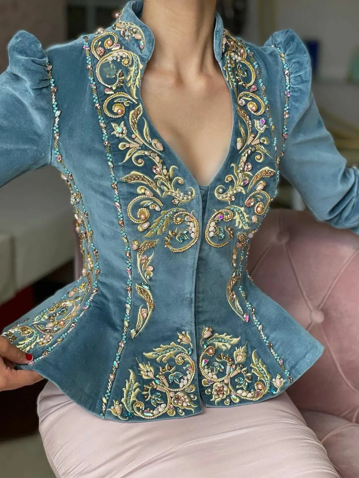 Embroidered Peplum Velvet Blouse
