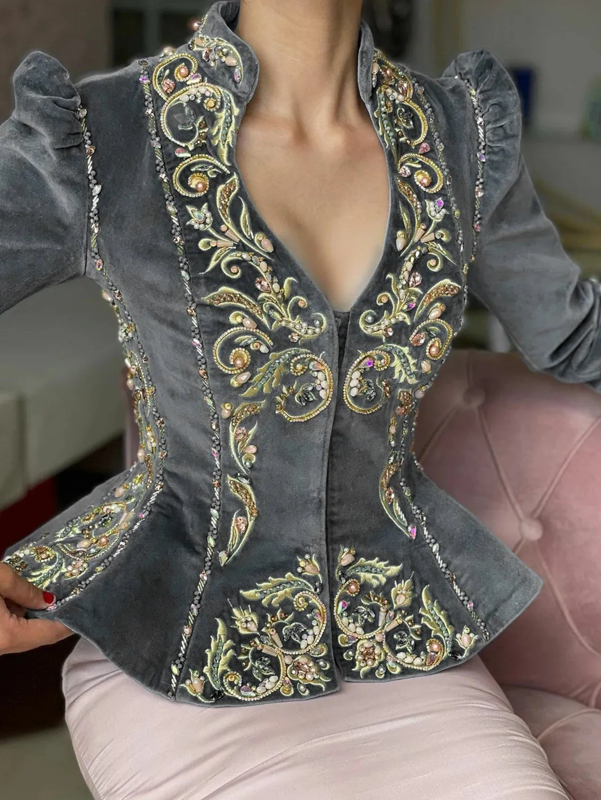 Embroidered Peplum Velvet Blouse