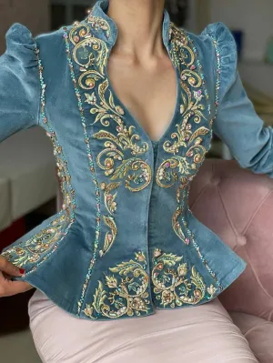 Embroidered Peplum Velvet Blouse