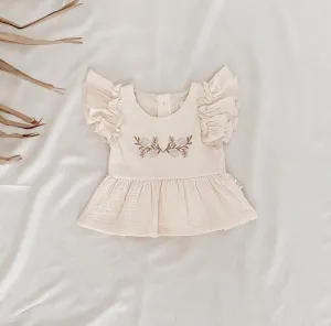 Embroidered Ruffle Peplum Top - Cream