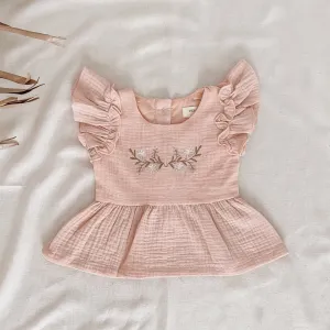 Embroidered Ruffle Peplum Top - Vintage Pink