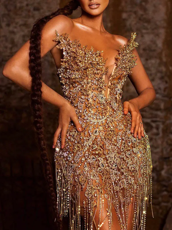 Embroidered Shiny Bandeau Mini Dresses