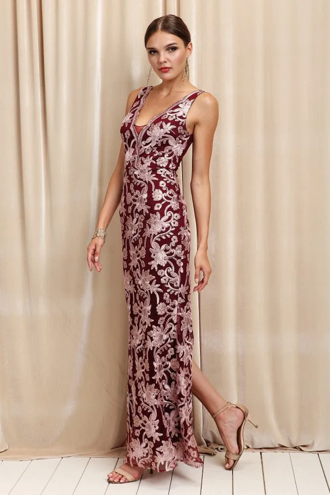 EMBROIDERED SLEEVELESS FULL BODY FITTED DRESS W/ BOTTOM SLIT
