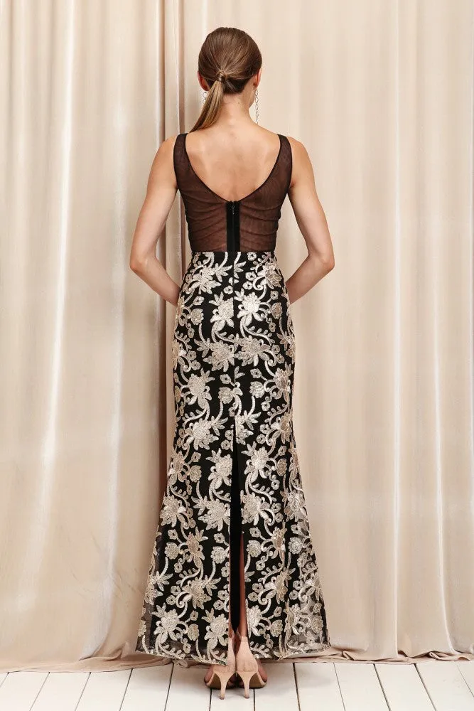 EMBROIDERED SLEEVELESS FULL BODY FITTED DRESS W/ BOTTOM SLIT
