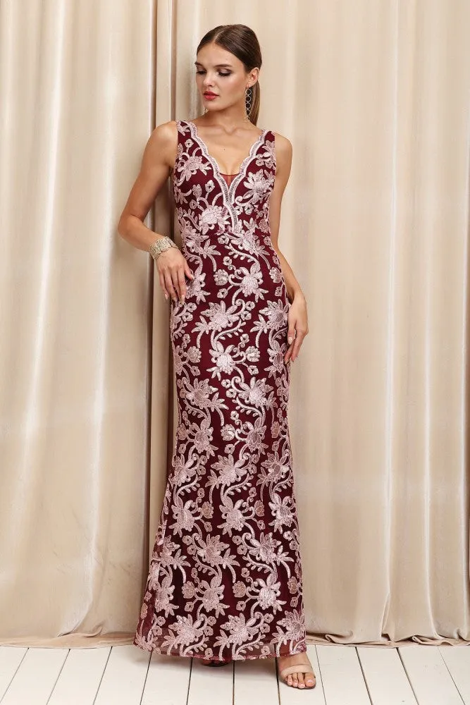 EMBROIDERED SLEEVELESS FULL BODY FITTED DRESS W/ BOTTOM SLIT