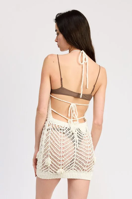Emory Park HALTER NECK CROCHET DRESS WITH FLOWER DETAIL