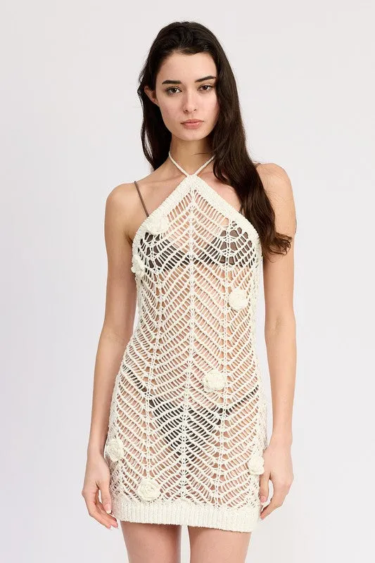 Emory Park HALTER NECK CROCHET DRESS WITH FLOWER DETAIL