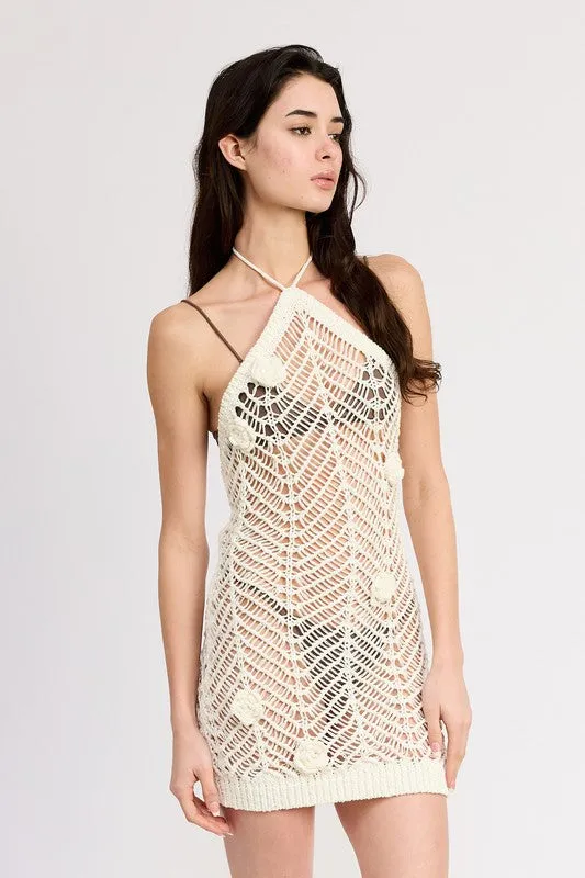 Emory Park HALTER NECK CROCHET DRESS WITH FLOWER DETAIL