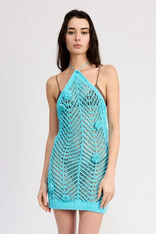 Emory Park HALTER NECK CROCHET DRESS WITH FLOWER DETAIL