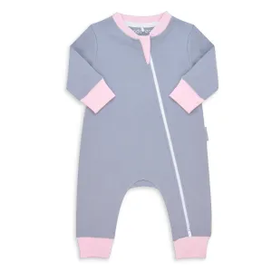 Endanzoo Organic Long Sleeve Double Zippered Romper - Grey w/ Pink