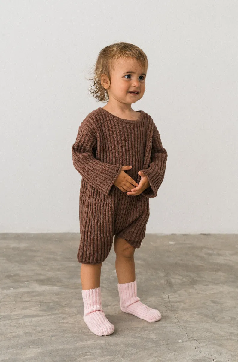 Essential Ribbed Knit L/Slv Romper - Cocoa