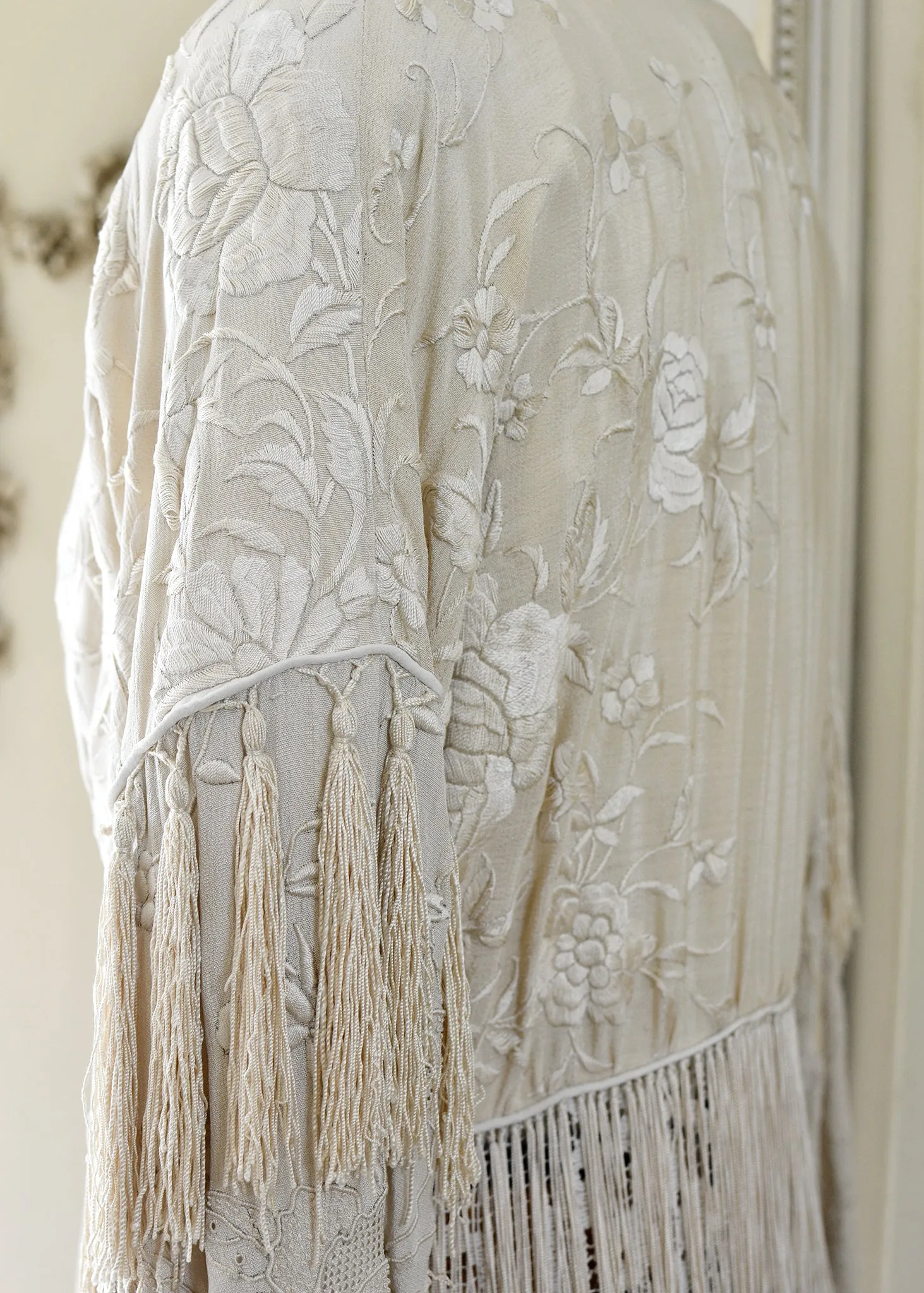 Etta Opulent Antique Hand Embroidered Creme Silk Duster with Irish Lace Skirt