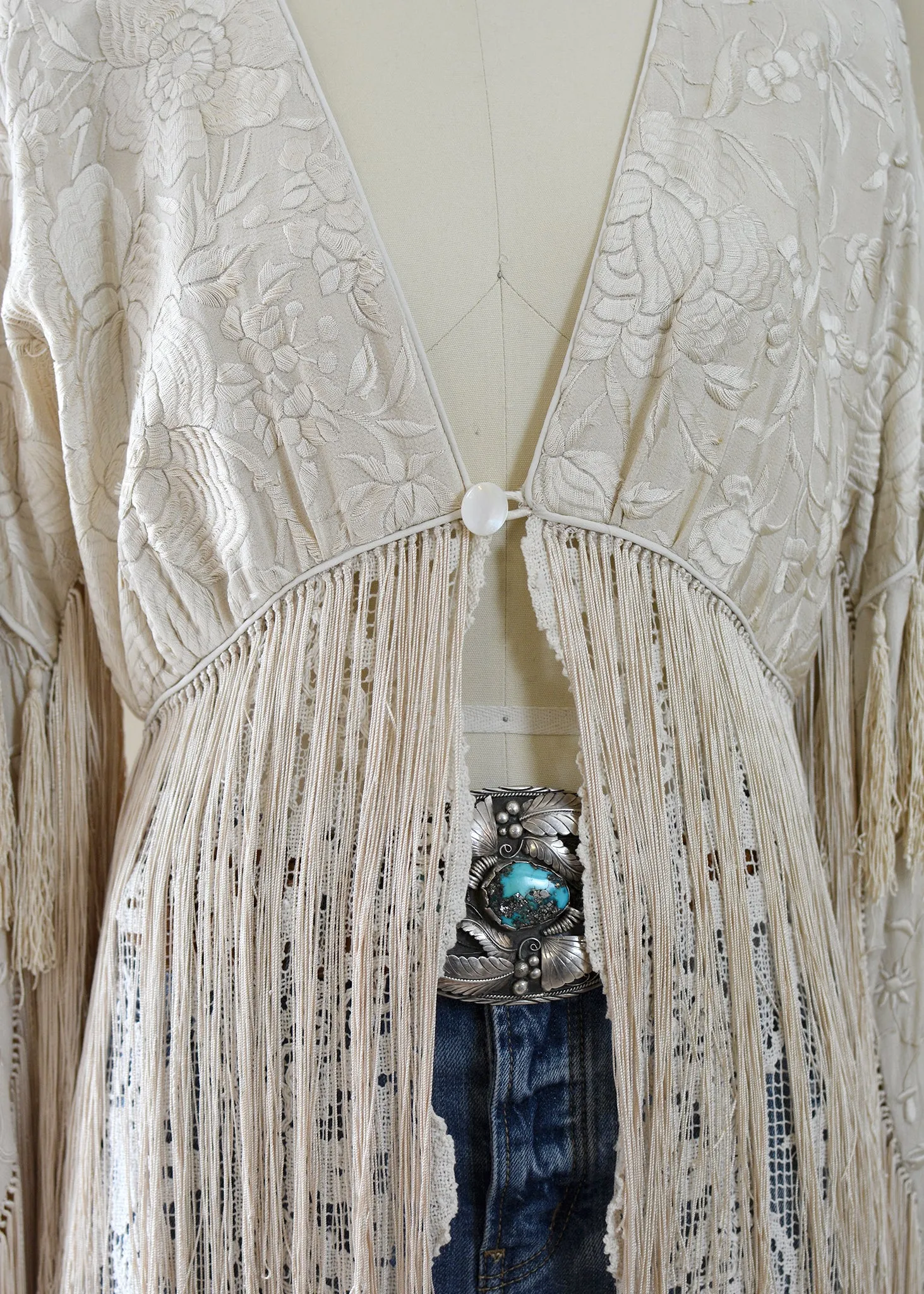 Etta Opulent Antique Hand Embroidered Creme Silk Duster with Irish Lace Skirt